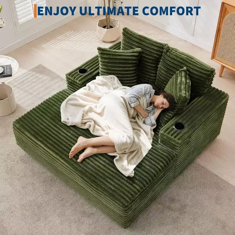 Oversized Chaise Lounge Chair with Throw Pillows and Armrests, Corduroy Upholstered Sofa Bed for Living Room and Bedroom