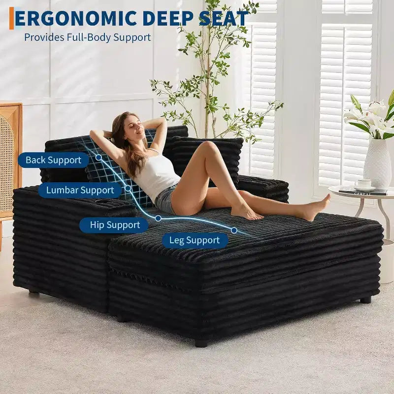 Oversized Chaise Lounge Chair with Throw Pillows and Armrests, Corduroy Upholstered Sofa Bed for Living Room and Bedroom