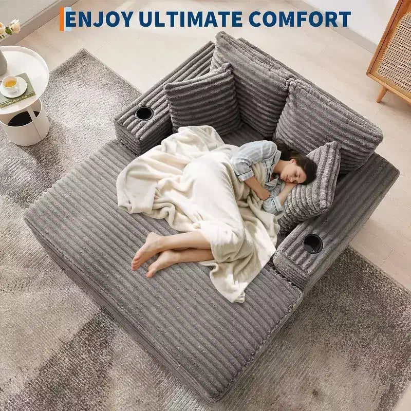 Oversized Chaise Lounge Chair with Throw Pillows and Armrests, Corduroy Upholstered Sofa Bed for Living Room and Bedroom