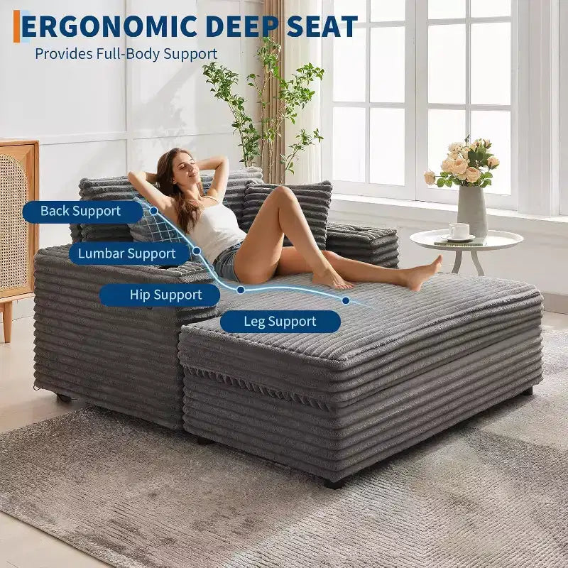 Oversized Chaise Lounge Chair with Throw Pillows and Armrests, Corduroy Upholstered Sofa Bed for Living Room and Bedroom
