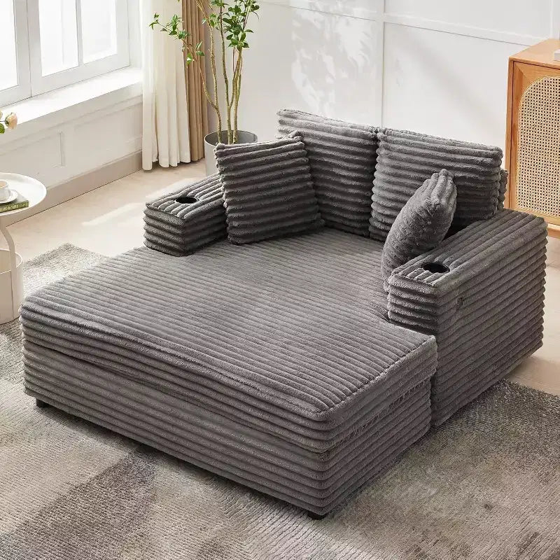 Oversized Chaise Lounge Chair with Throw Pillows and Armrests, Corduroy Upholstered Sofa Bed for Living Room and Bedroom