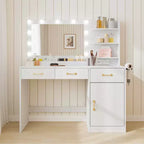 Makeup Vanity Desk with LED Mirror, 3 Drawers, 2 Cubbies, Cabinet and Open Shelves, White