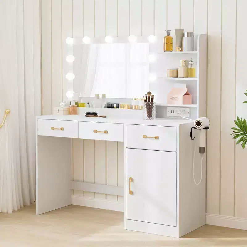 Makeup Vanity Desk with LED Mirror, 3 Drawers, 2 Cubbies, Cabinet and Open Shelves, White