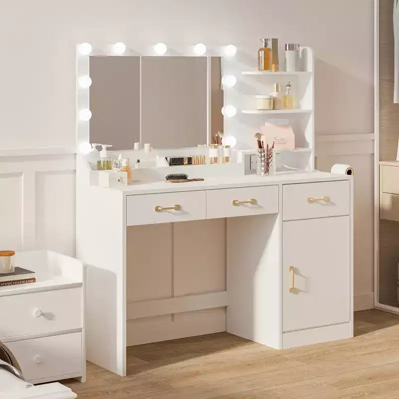 Makeup Vanity Desk with LED Mirror, 3 Drawers, 2 Cubbies, Cabinet and Open Shelves, White