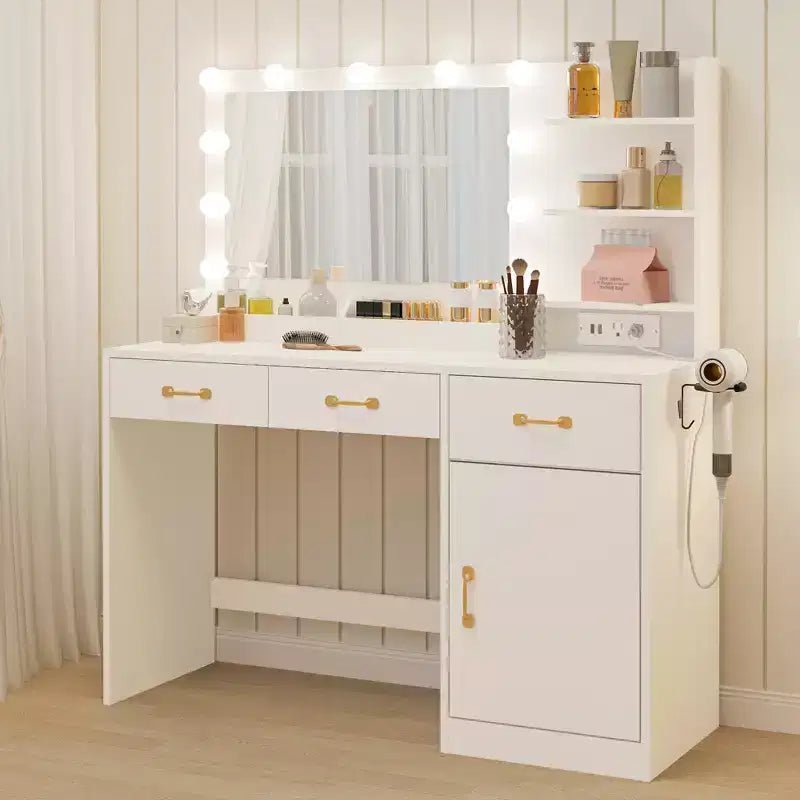 Makeup Vanity Desk with LED Mirror, 3 Drawers, 2 Cubbies, Cabinet and Open Shelves, White
