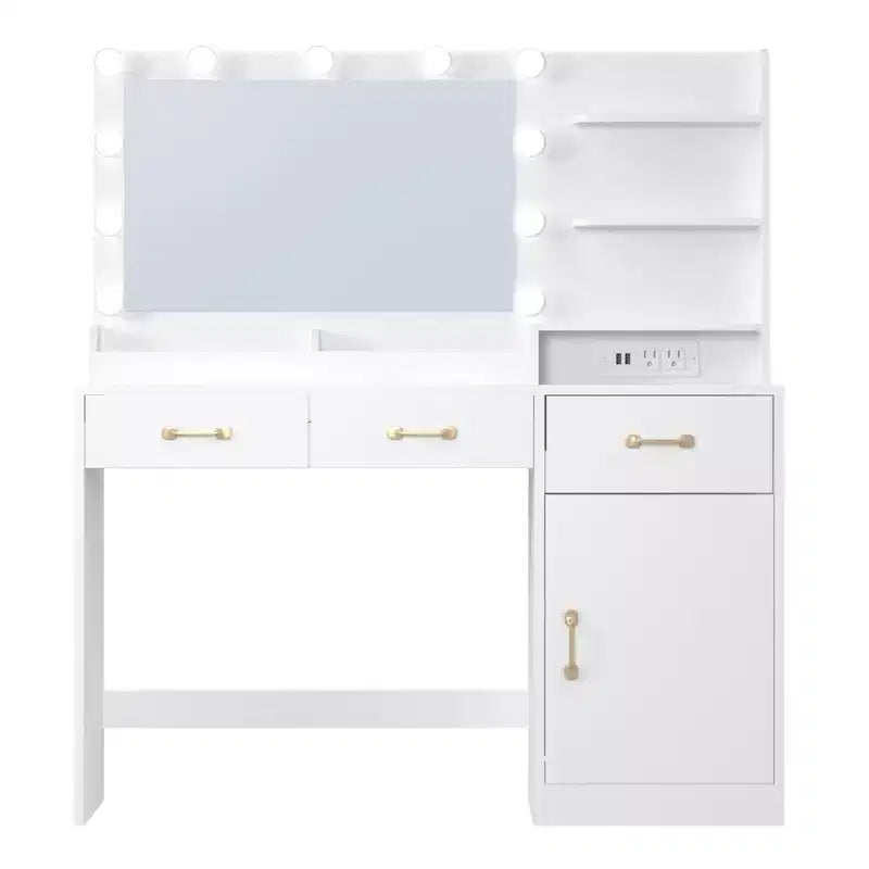 Makeup Vanity Desk with LED Mirror, 3 Drawers, 2 Cubbies, Cabinet and Open Shelves, White