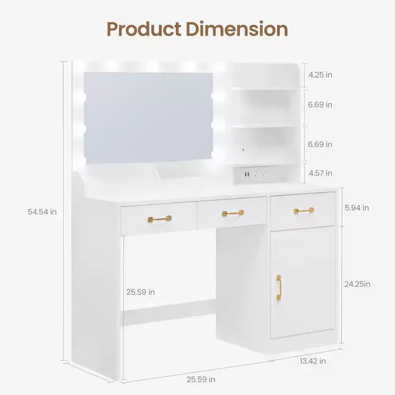 Makeup Vanity Desk with LED Mirror, 3 Drawers, 2 Cubbies, Cabinet and Open Shelves, White