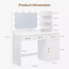 Makeup Vanity Desk with LED Mirror, 3 Drawers, 2 Cubbies, Cabinet and Open Shelves, White