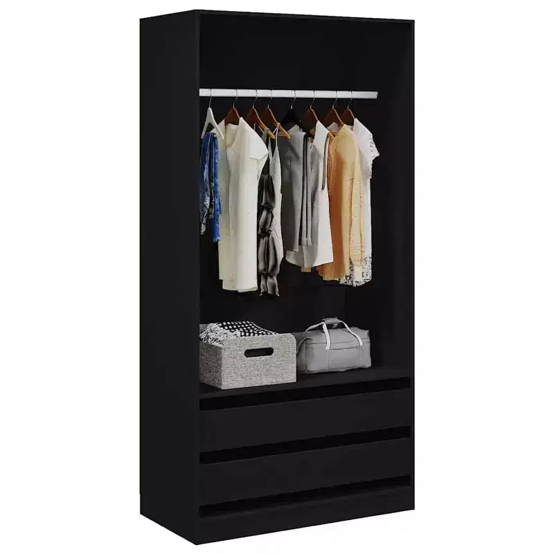 Black Engineered Wood Compact Wardrobe with 2 Drawers